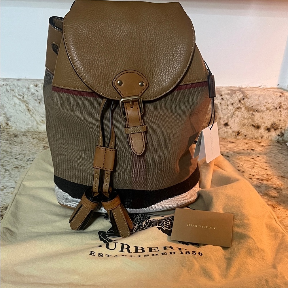 Burberry Tan & Brown Canvas Drawstring Backpack with Leather Trim